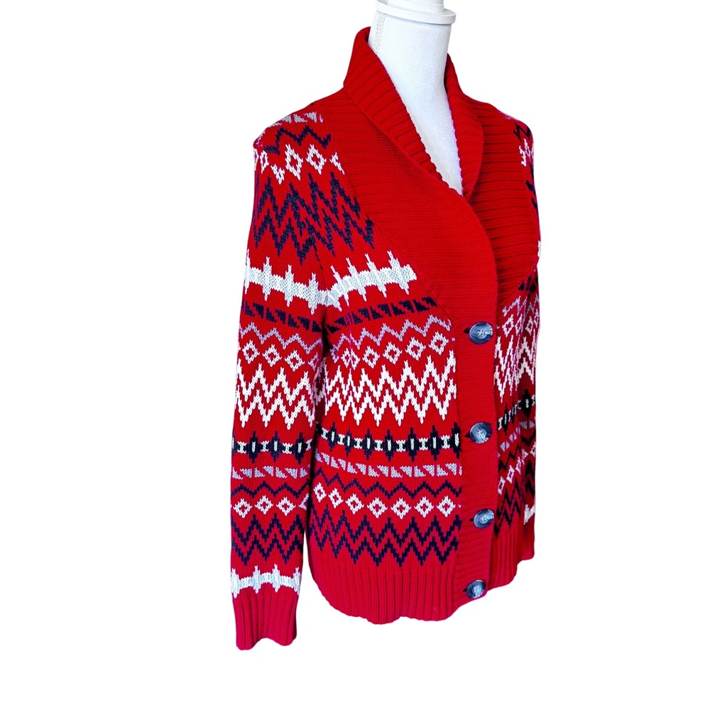 Bass G.H. Bass & Co Women's Red Fair Isle Cotton Shawl Collar Cardigan Sweater M - Picture 11 of 13